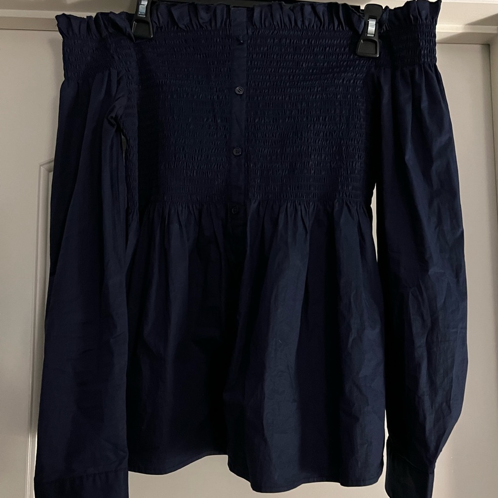 Halogen smocked strapless long sleeve shirt